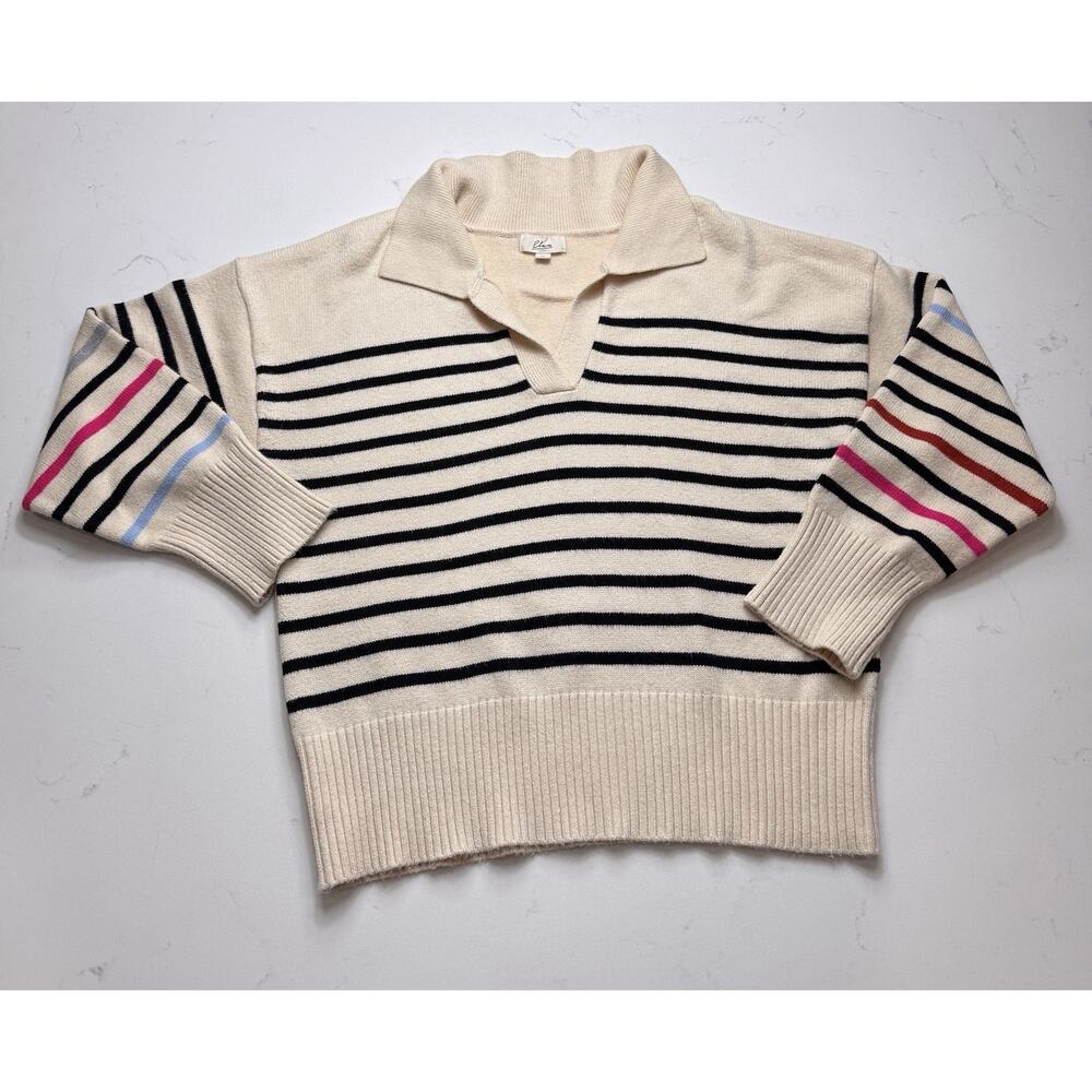 Elan Women's Cream Sweater with Multi-colored Stripes Collared Size Medium